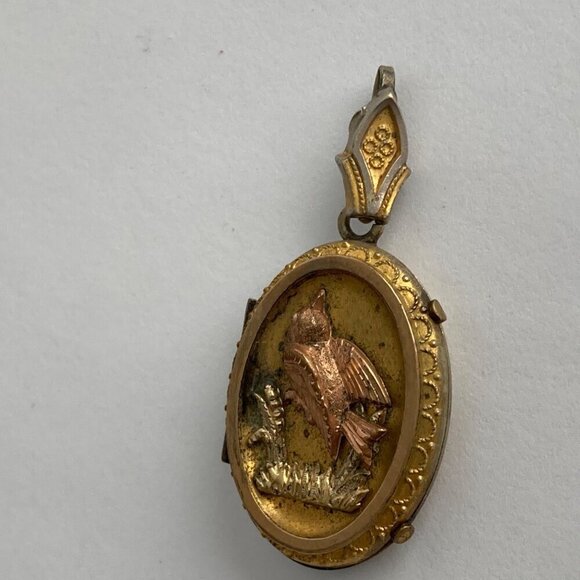 Victorian Antique Gold Rose Bird Locket Pendant Filled - Picture 3 of 5